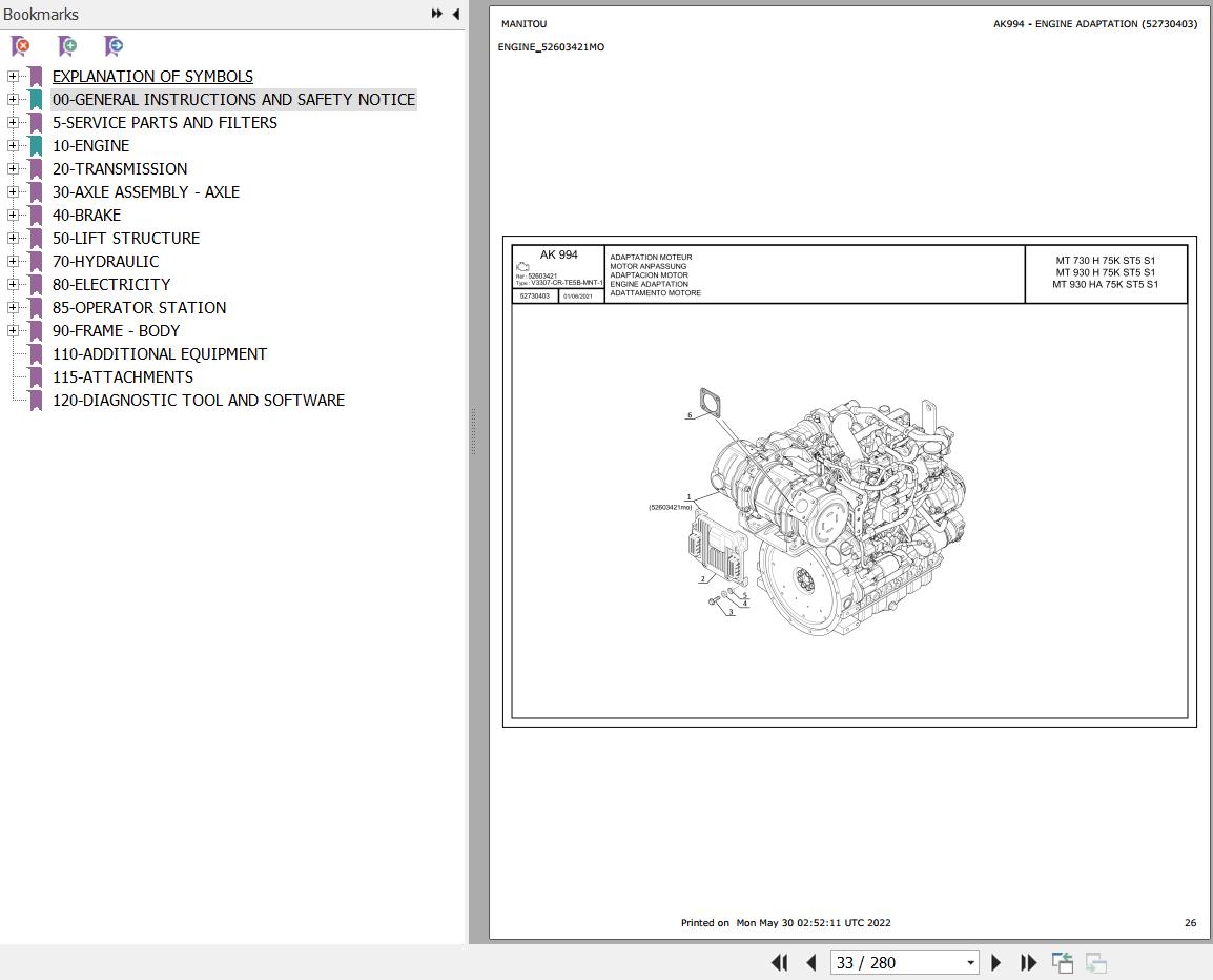 Manitou Telehandler MT 930 HA 75K ST5 S1 Parts Catalog 52730403
