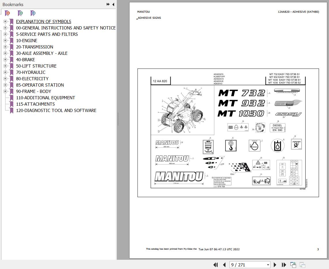 Manitou Telehandler MT 932 EASY 75D ST3B S1 Parts Catalog 647480