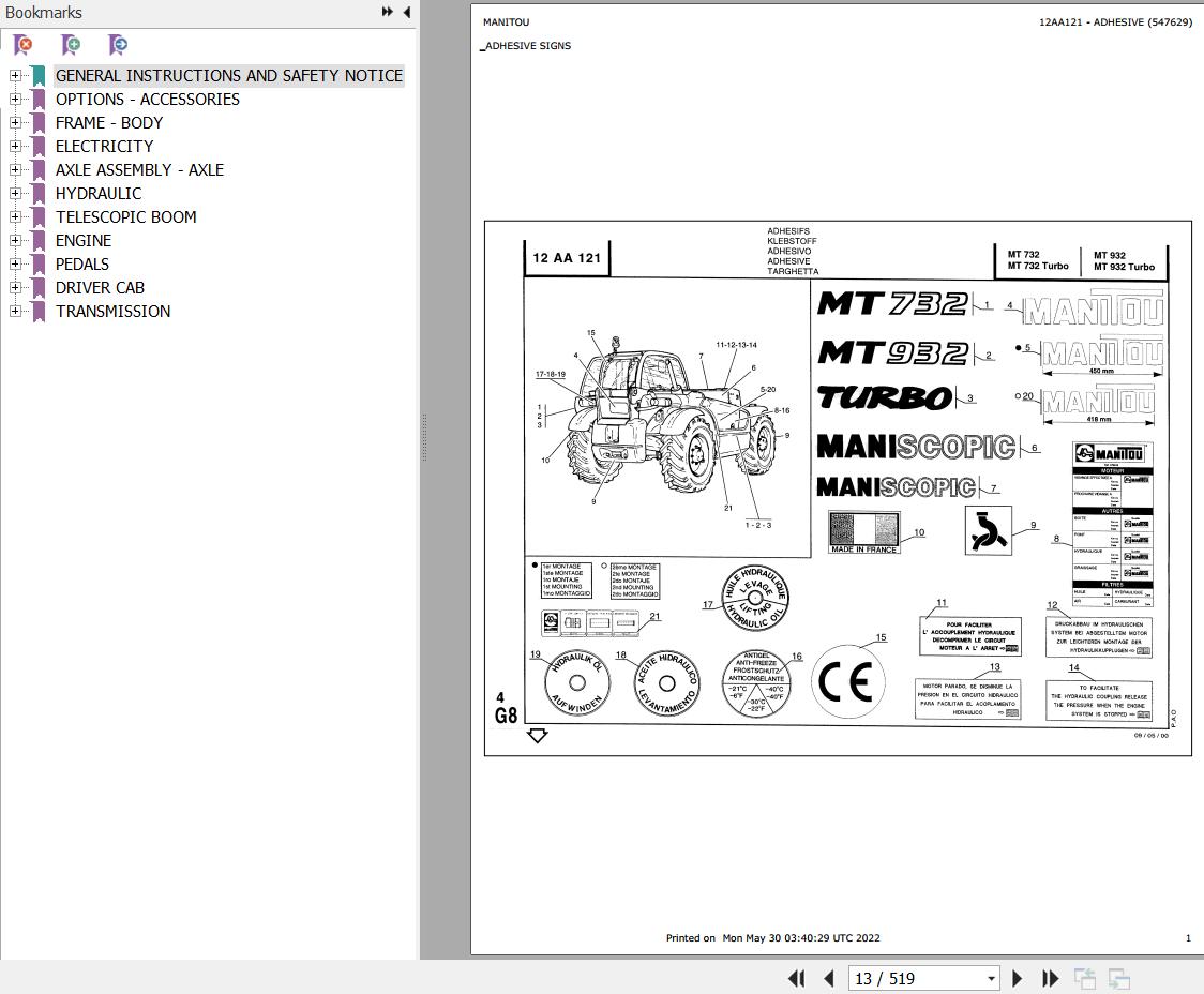 Manitou Telehandler MT 932 Parts Catalog 547629