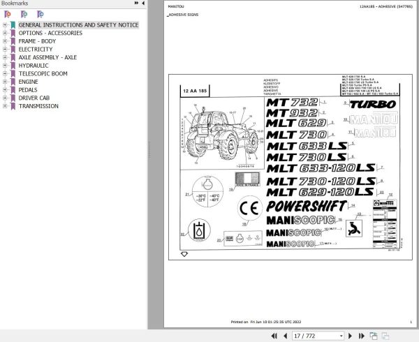 Manitou Telehandler MT 932 SA Parts Catalog 547785