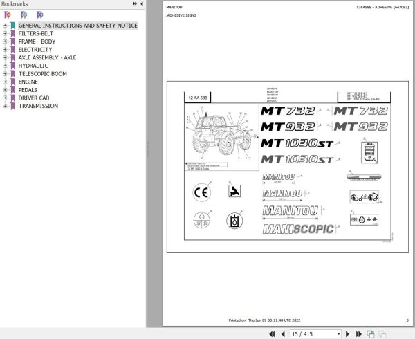 Manitou Telehandler MT 932 SE E3 Parts Catalog 647083