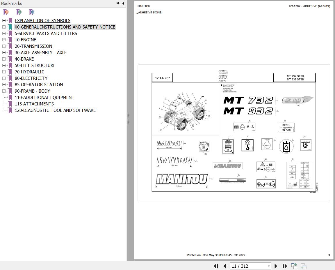 Manitou Telehandler MT 932 ST3B Parts Catalog 647449