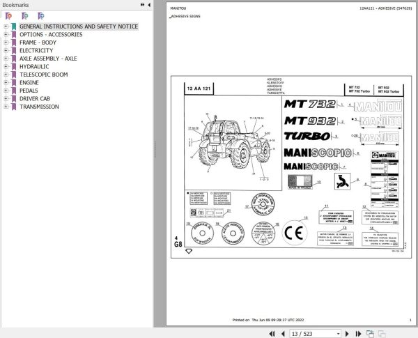 Manitou Telehandler MT 932 TURBO Parts Catalog 547629