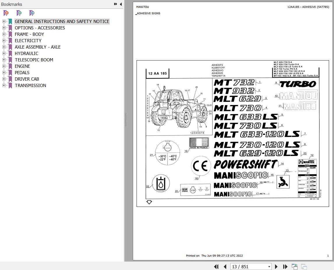 Manitou Telehandler MT 932 TURBO SA Parts Catalog 547785