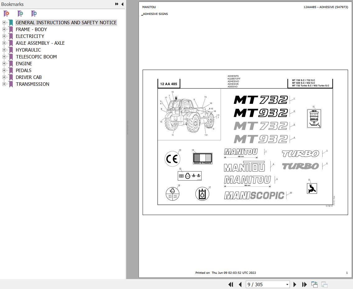Manitou Telehandler MT 932 TURBO SC E2 Parts Catalog 547973