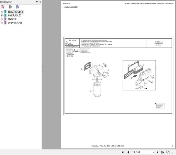 Manitou Telehandler MT 932 TURBO SD E3 Parts Catalog 271255MOD