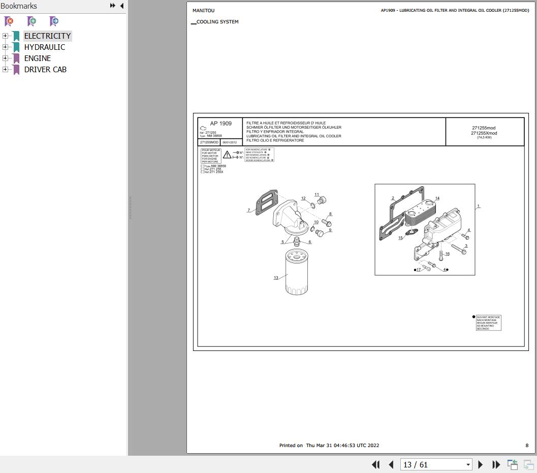 Manitou Telehandler MT 932 TURBO SD E3 Parts Catalog 271255MOD