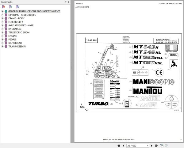 Manitou Telehandler MT 940 H L TURBO Parts Catalog 547641
