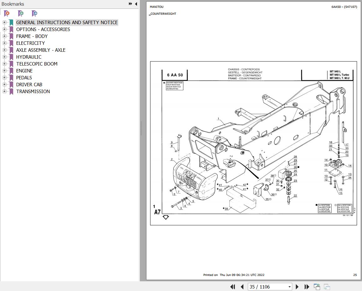 Manitou Telehandler MT 940 L Parts Catalog 547107
