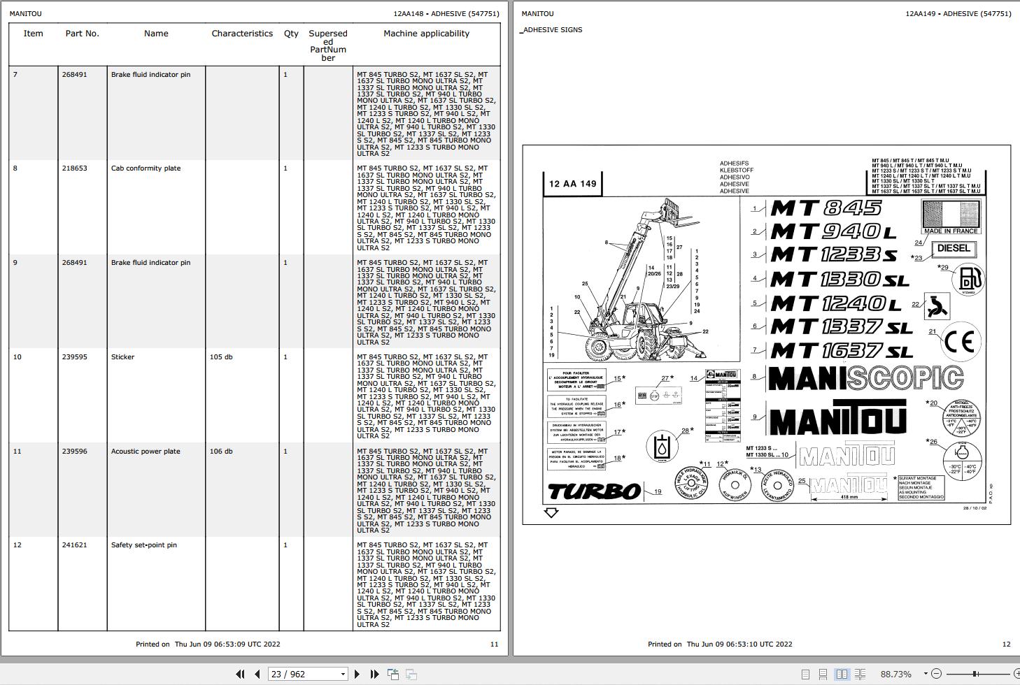 Manitou Telehandler MT 940 L S2 Parts Catalog 547751