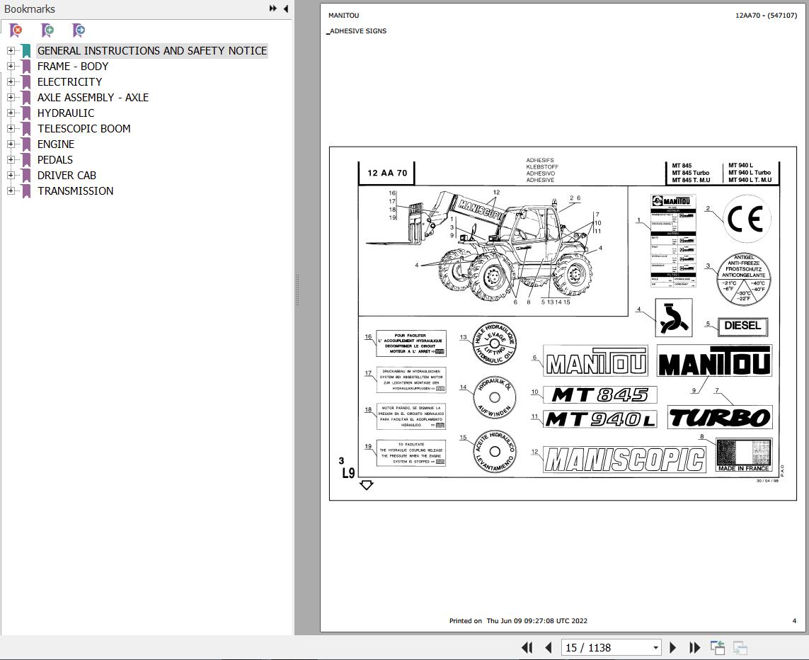 Manitou Telehandler MT 940 L TURBO MONO ULTRA Parts Catalog 547107