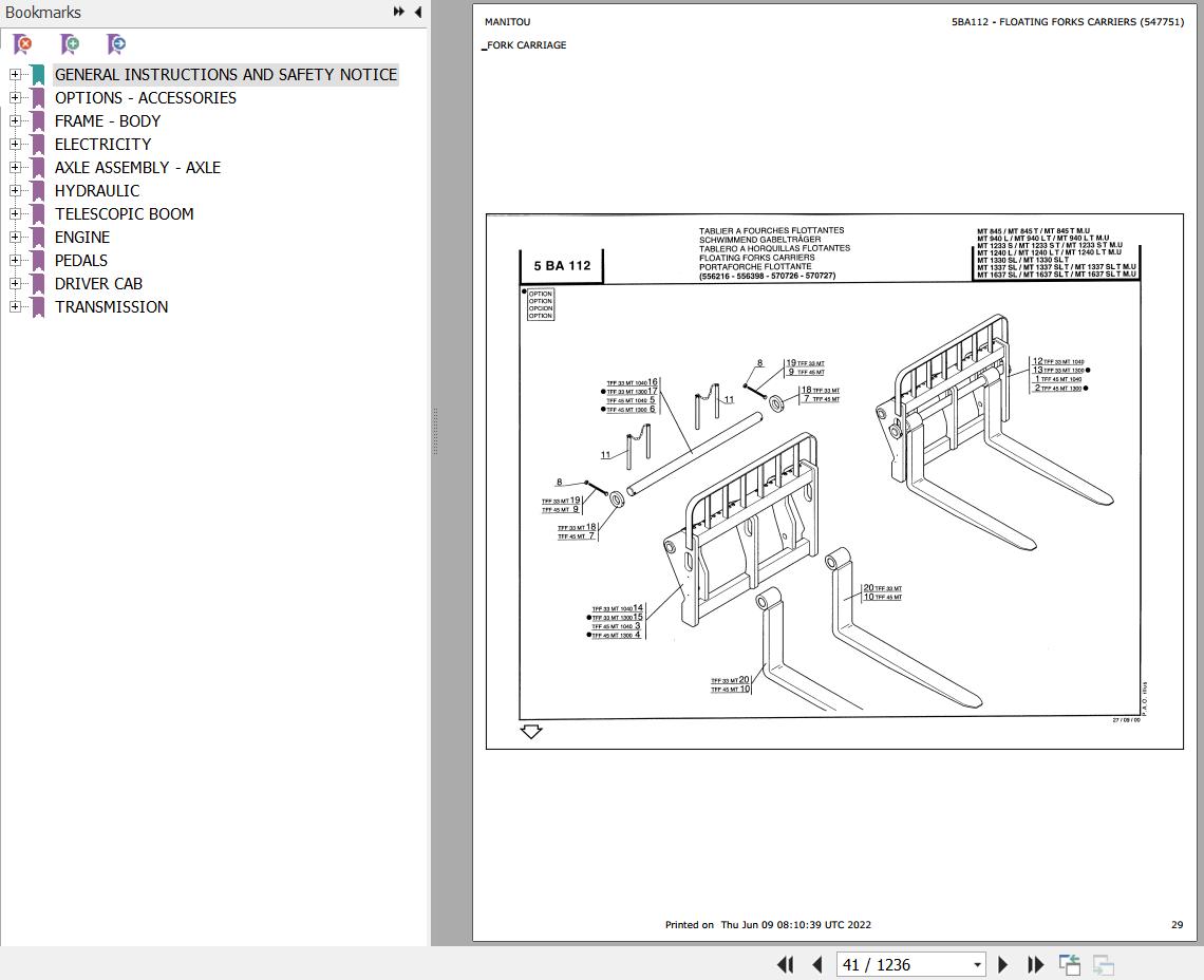 Manitou Telehandler MT 940 L TURBO MONO ULTRA S2 Parts Catalog 547751