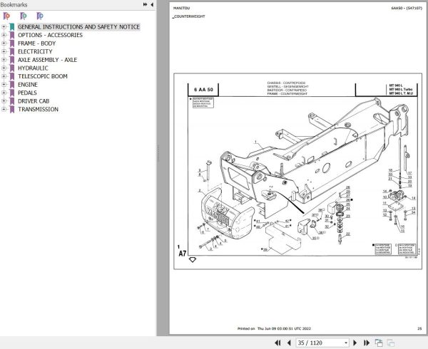 Manitou Telehandler MT 940 L TURBO Parts Catalog 547107