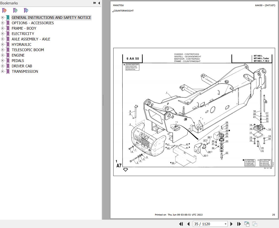 Manitou Telehandler MT 940 L TURBO Parts Catalog 547107