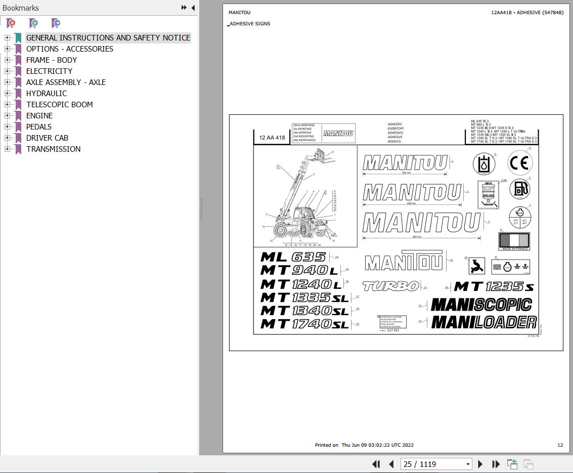 Manitou Telehandler MT 940 L TURBO S3 E2 Parts Catalog 547848