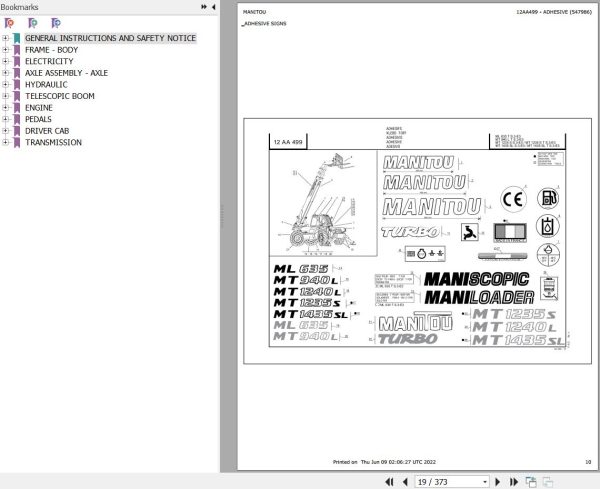 Manitou Telehandler MT 940 L TURBO S3 E3 Parts Catalog 547986