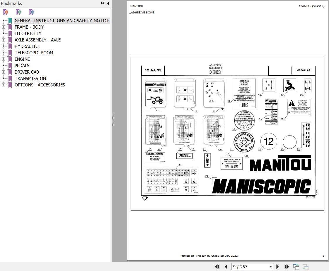 Manitou Telehandler MT 940 LAT Parts Catalog 547512