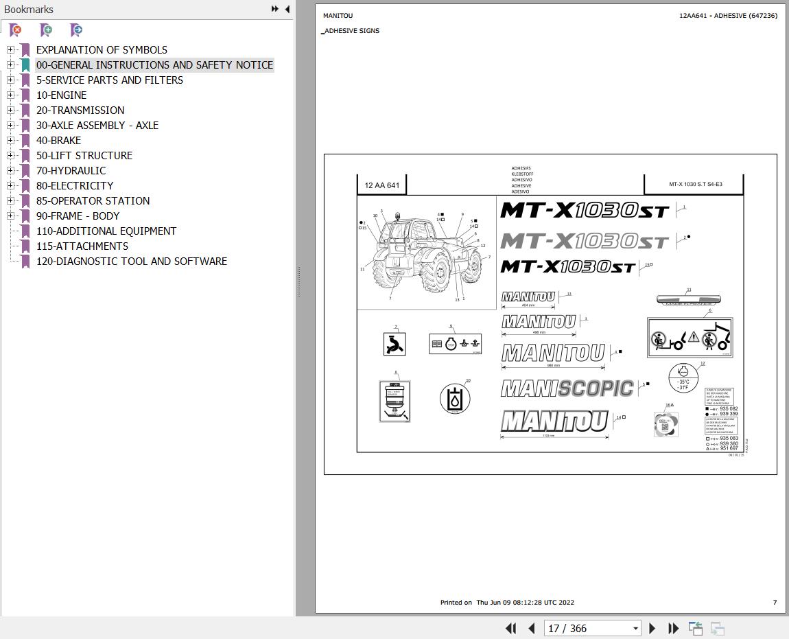 Manitou Telehandler MT X 1030 S TURBO S4 E3 Parts Catalog 647236
