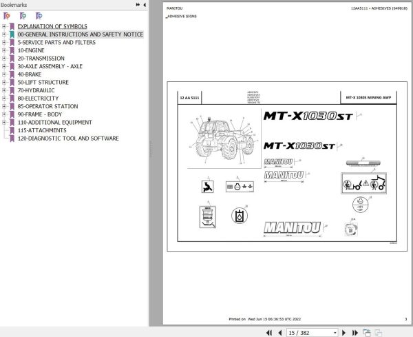 Manitou Telehandler MT X 1030S MINING AWP Parts Catalog 649018