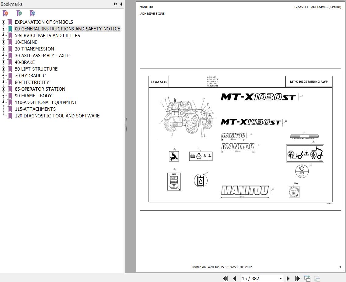 Manitou Telehandler MT X 1030S MINING AWP Parts Catalog 649018