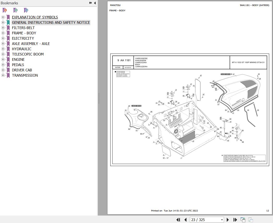 Manitou Telehandler MT X 1033 ST 100P MINING ST3A S1 Parts Catalog 647859