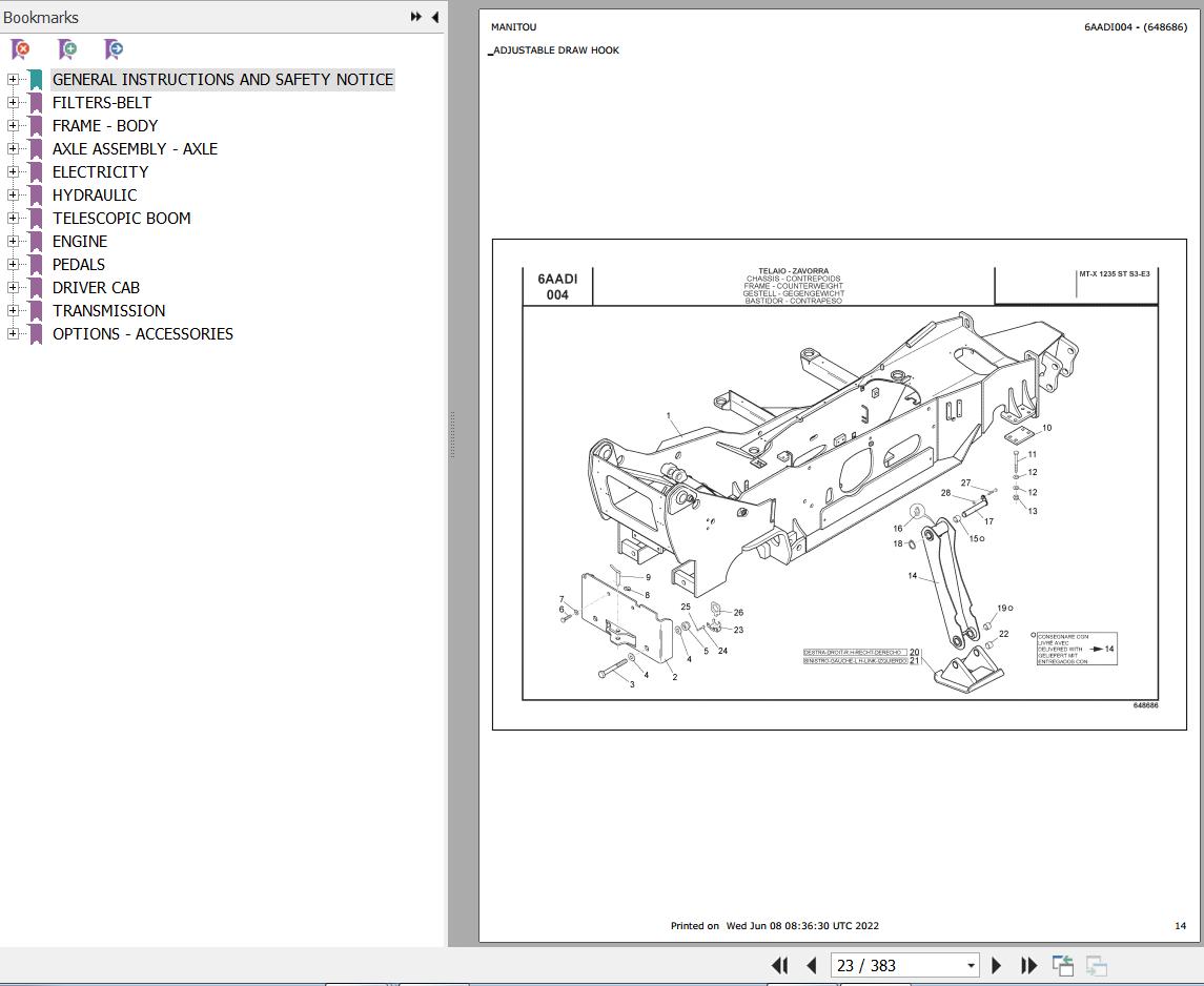 Manitou Telehandler MT X 1235 S TURBO S3 E3 Parts Catalog 648686