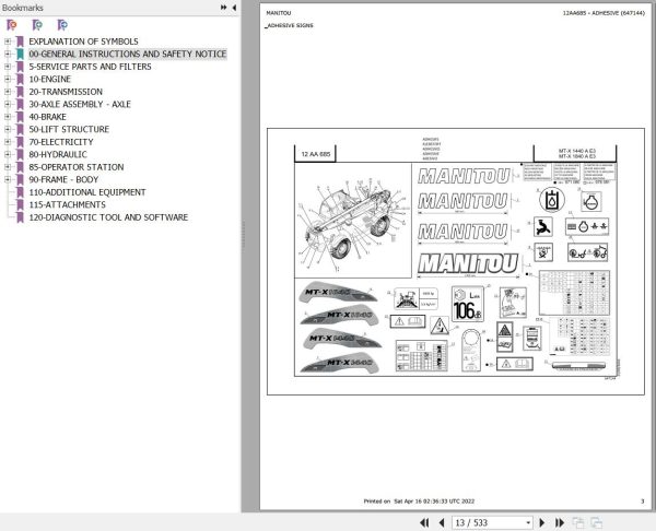 Manitou Telehandler MT X 1440 A E3 Parts Catalog 647144