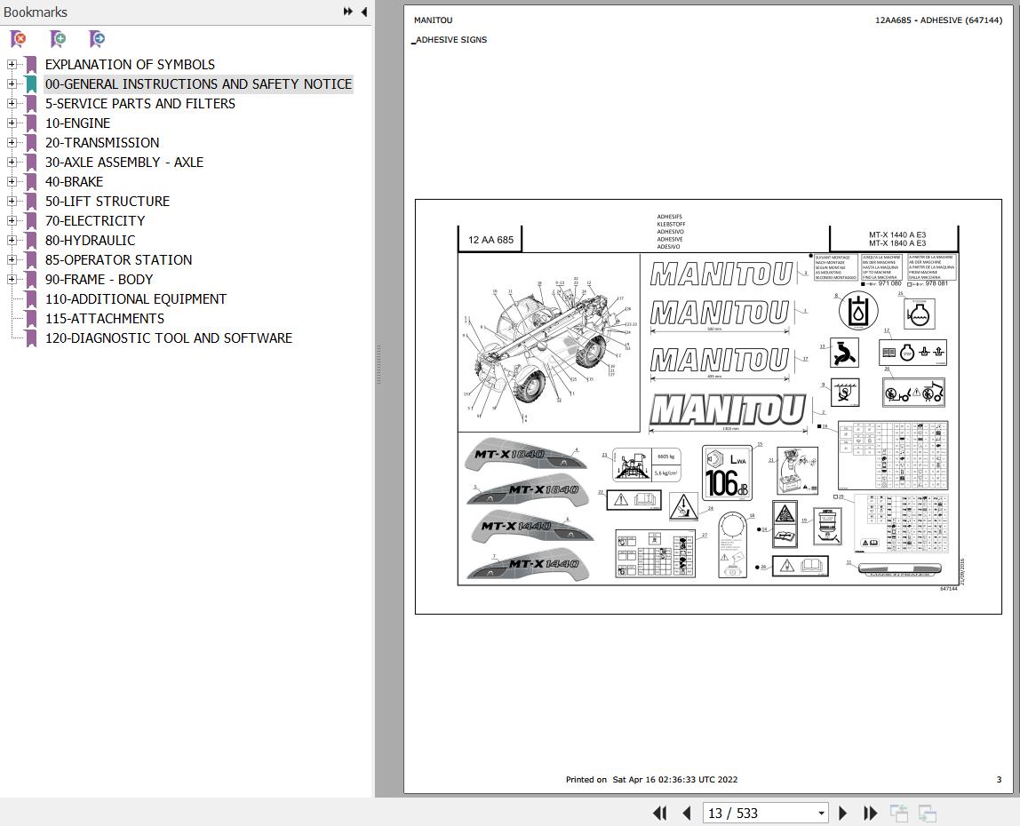 Manitou Telehandler MT X 1440 A E3 Parts Catalog 647144