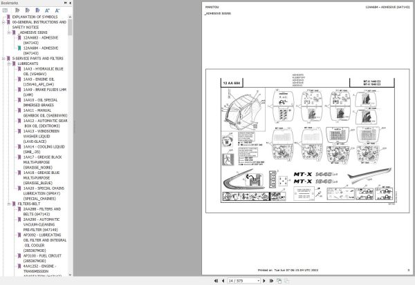Manitou Telehandler MT X 1440 E3 MT X 1840 E3 Parts Catalog 647143