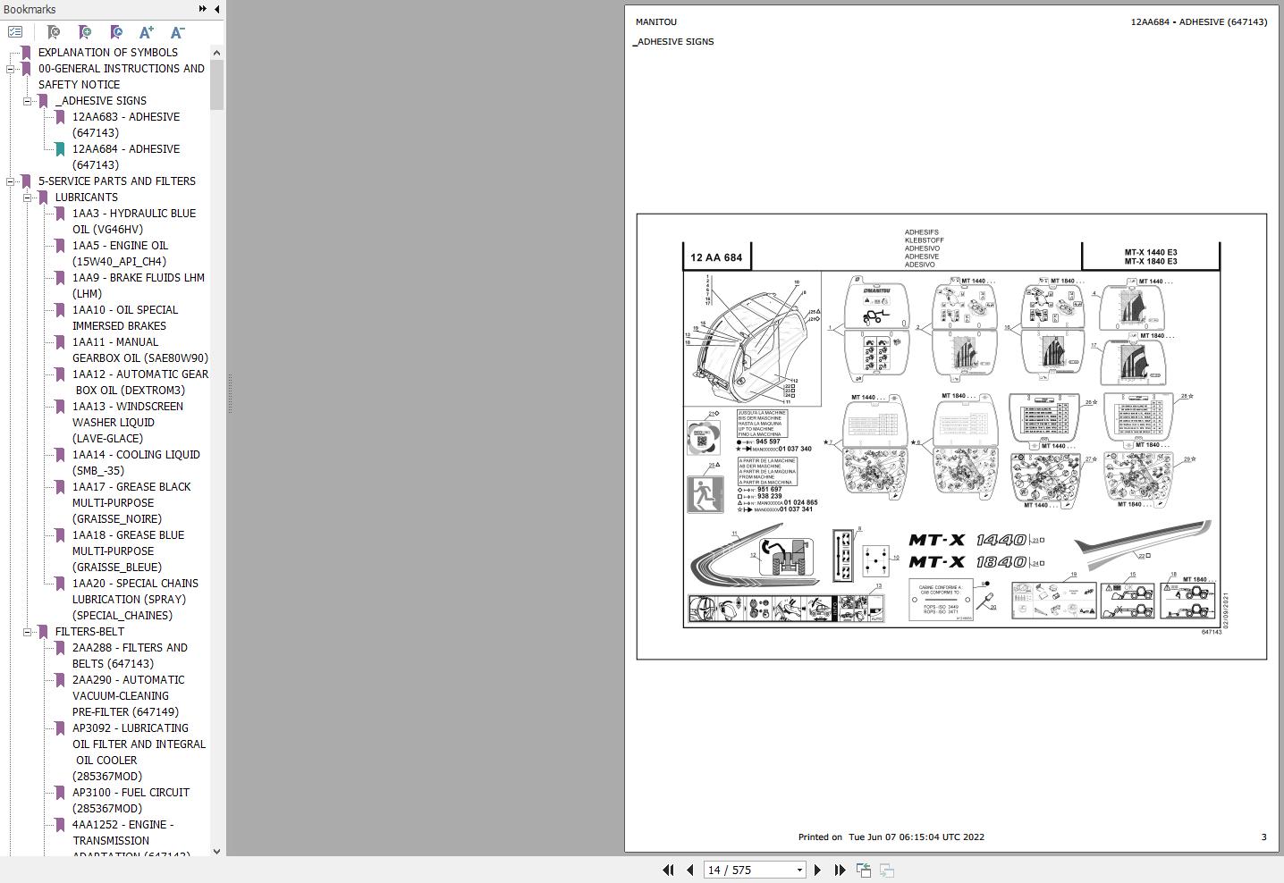 Manitou Telehandler MT X 1440 E3 MT X 1840 E3 Parts Catalog 647143