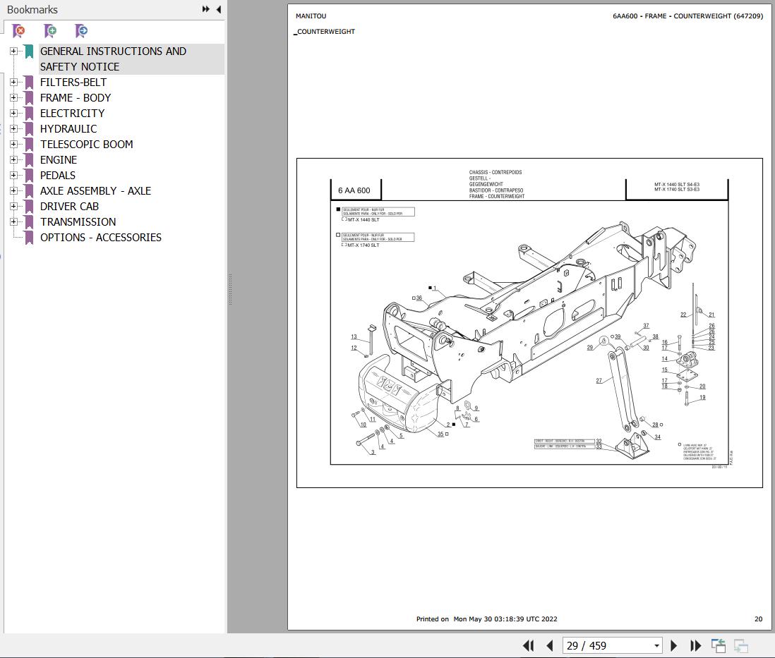 Manitou Telehandler MT X 1440 SL TURBO S4 E3 Parts Catalog 647209