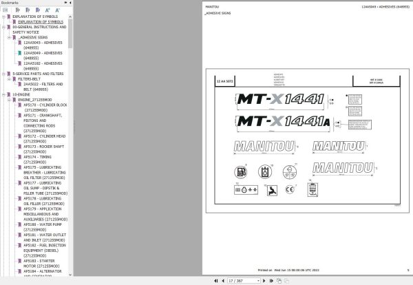 Manitou Telehandler MT X 1441 MT X 1441A Parts Catalog 648955