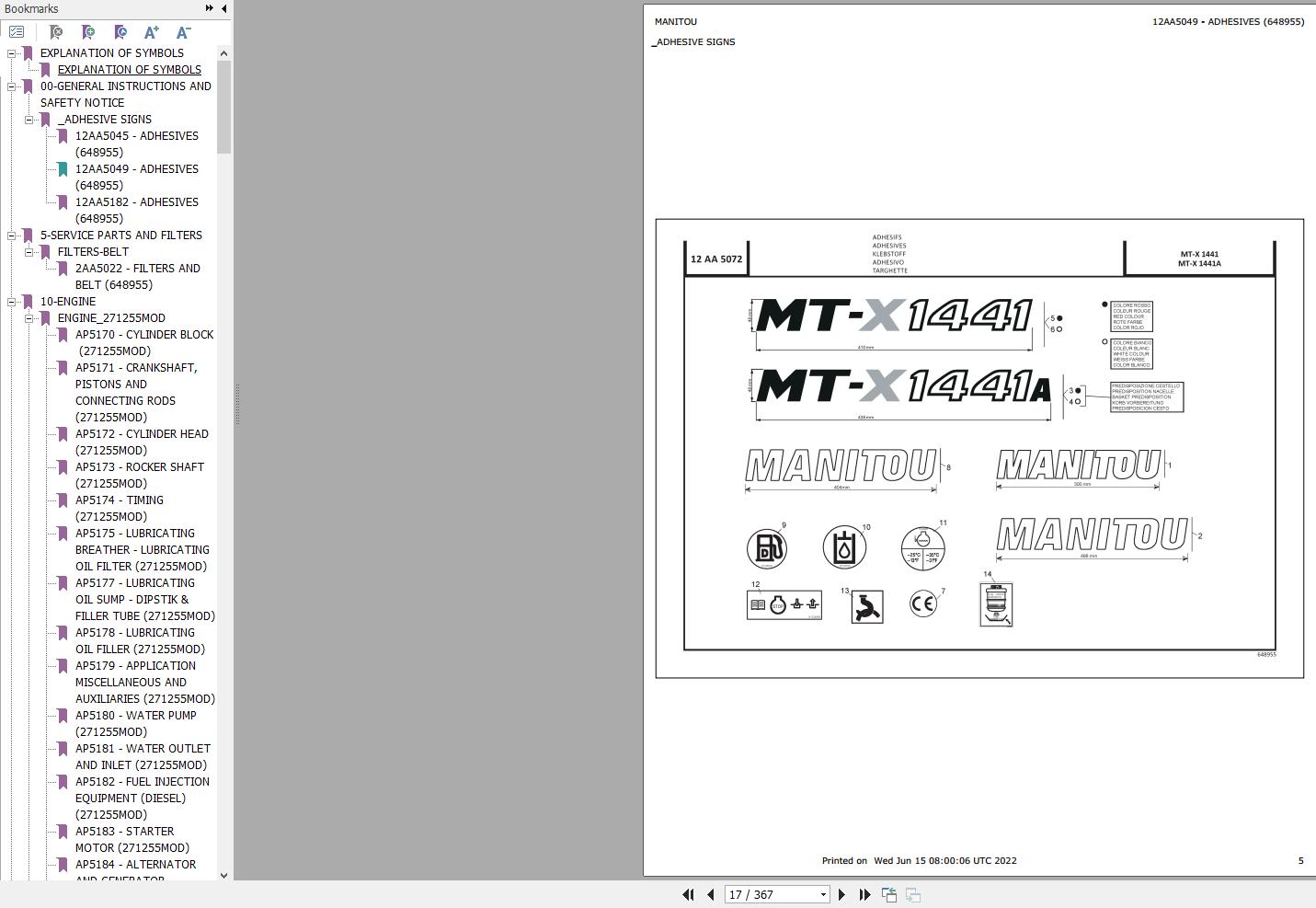 Manitou Telehandler MT X 1441 MT X 1441A Parts Catalog 648955