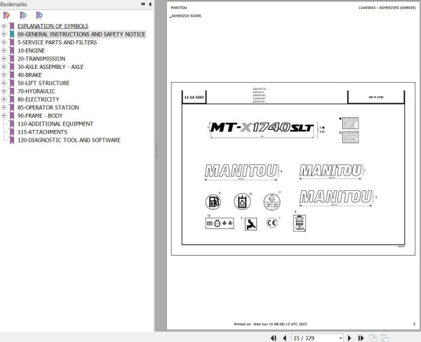 Manitou Telehandler MT X 1740 100P PS S L T LSU ST3A S4 Parts Catalog 648935