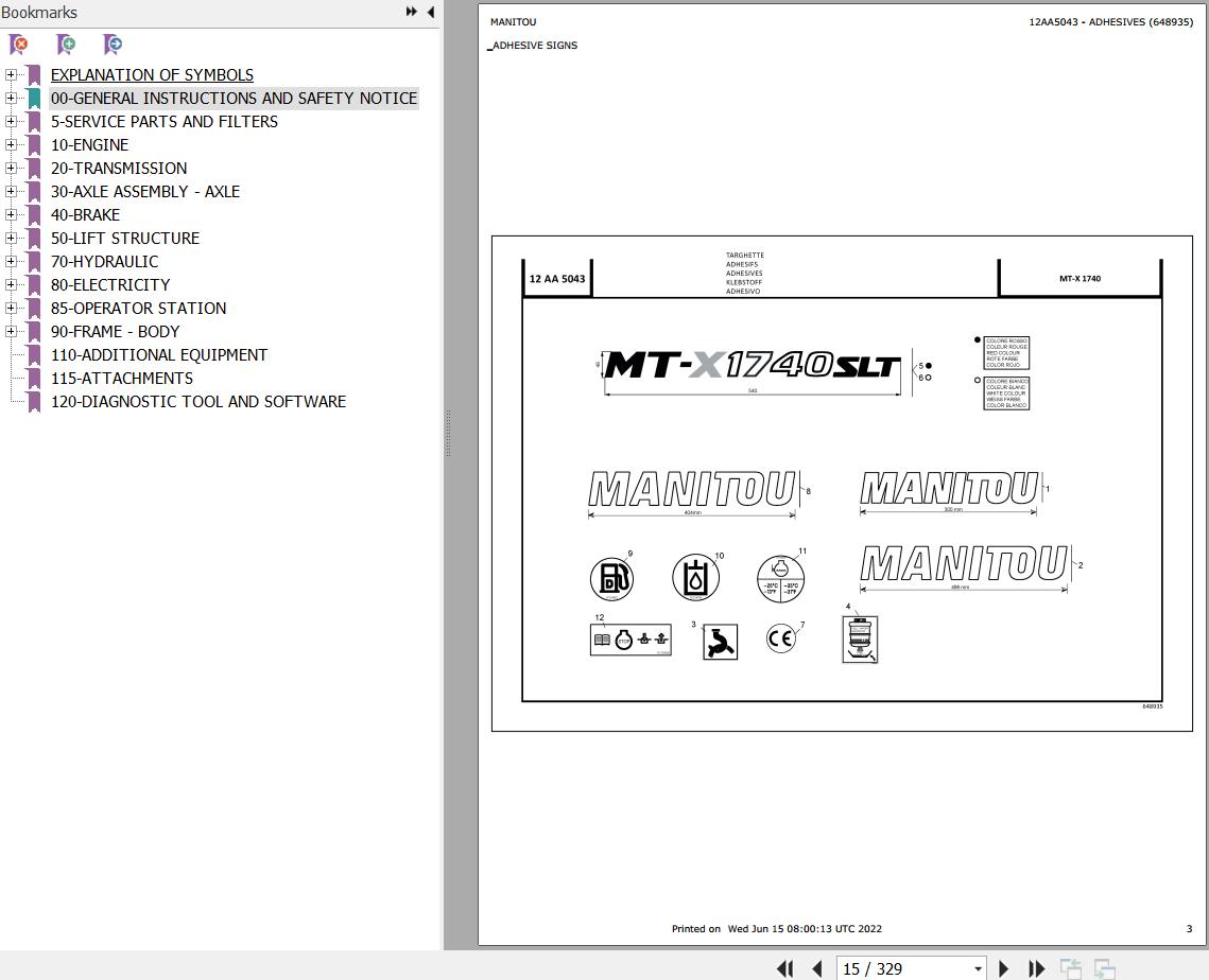 Manitou Telehandler MT X 1740 100P PS S L T LSU ST3A S4 Parts Catalog 648935