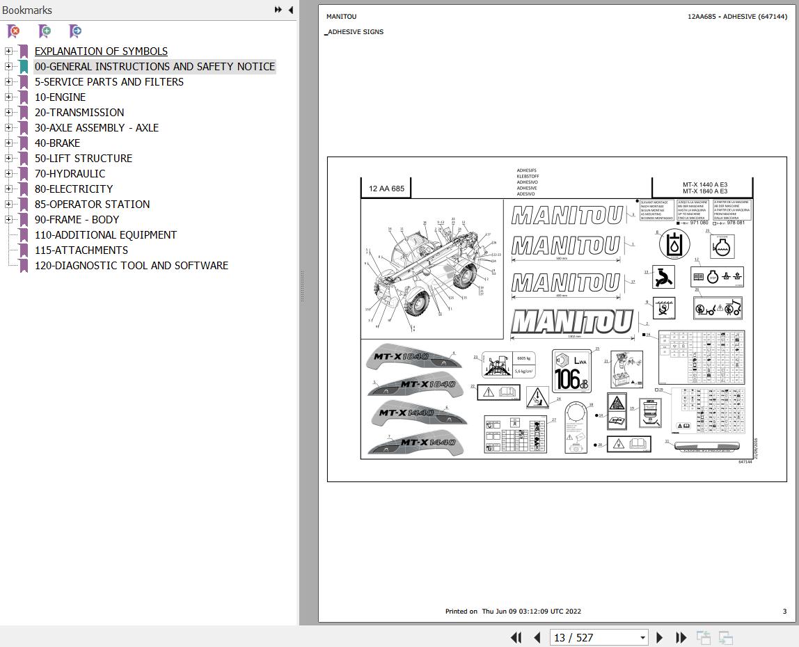 Manitou Telehandler MT X 1840 A E3 Parts Catalog 647144