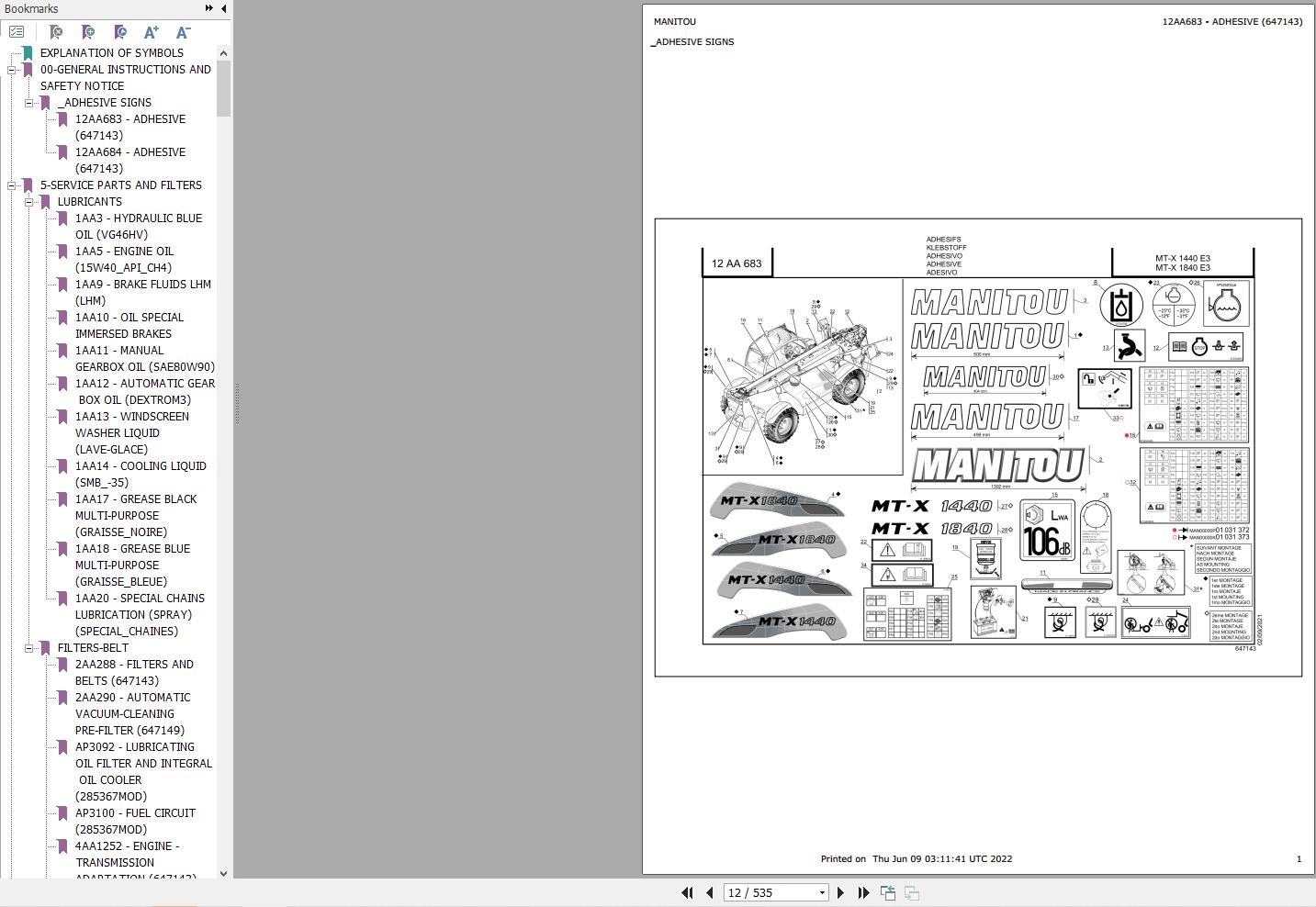 Manitou Telehandler MT X 1840 E3 Parts Catalog 647143
