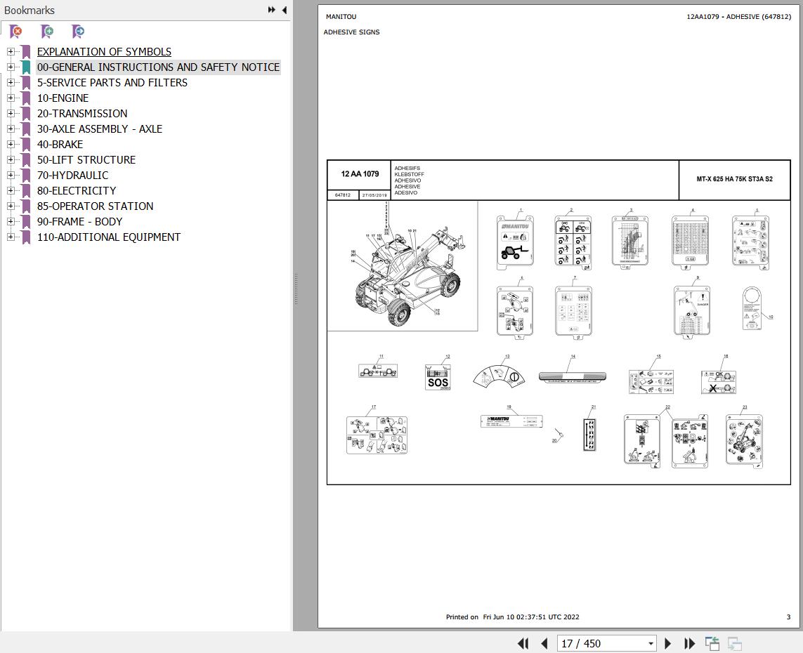 Manitou Telehandler MT X 625 HA 75K ST3A S2 Parts Catalog 647812