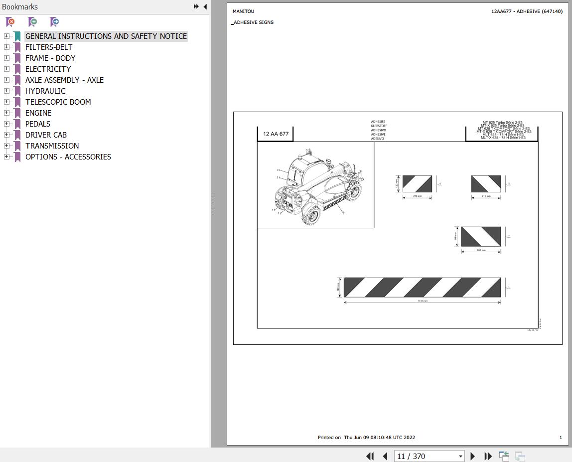 Manitou Telehandler MT X 625 TURBO COMFORT S2 E3 Parts Catalog 647140
