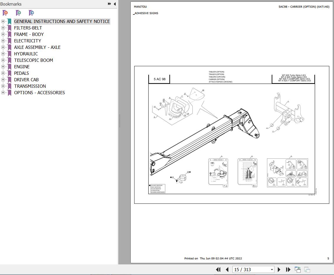 Manitou Telehandler MT X 625 TURBO S2 E3 Parts Catalog 647140
