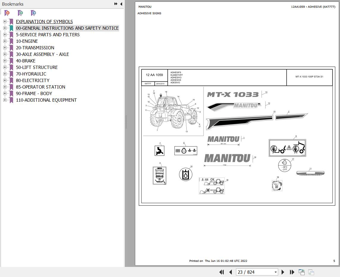 Manitou Telehandler MT X 733 95P MT X 1033 100P ST3A S1 Parts Catalog 647777