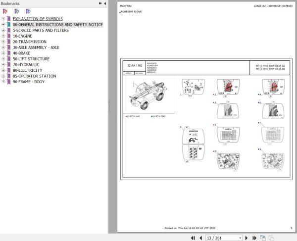 Manitou Telehandler MT X1440 100P ST3A S2 Parts Catalog 647813