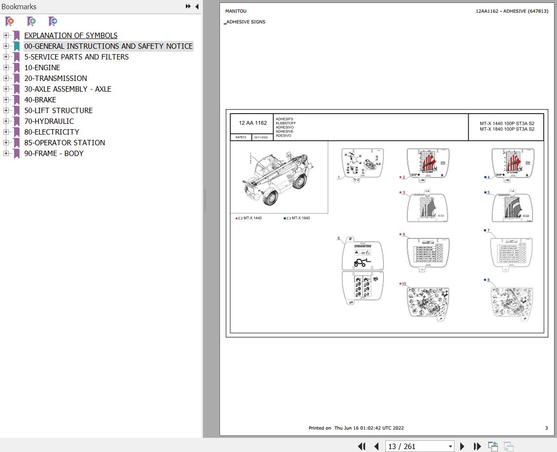 Manitou Telehandler MT X1440 100P ST3A S2 Parts Catalog 647813