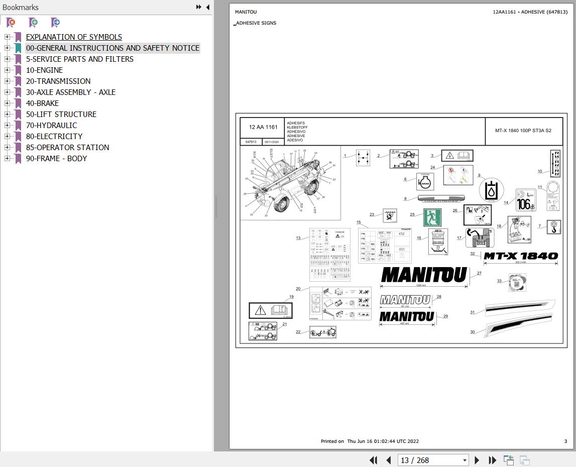 Manitou Telehandler MT X1840 100P ST3A S2 Parts Catalog 647813