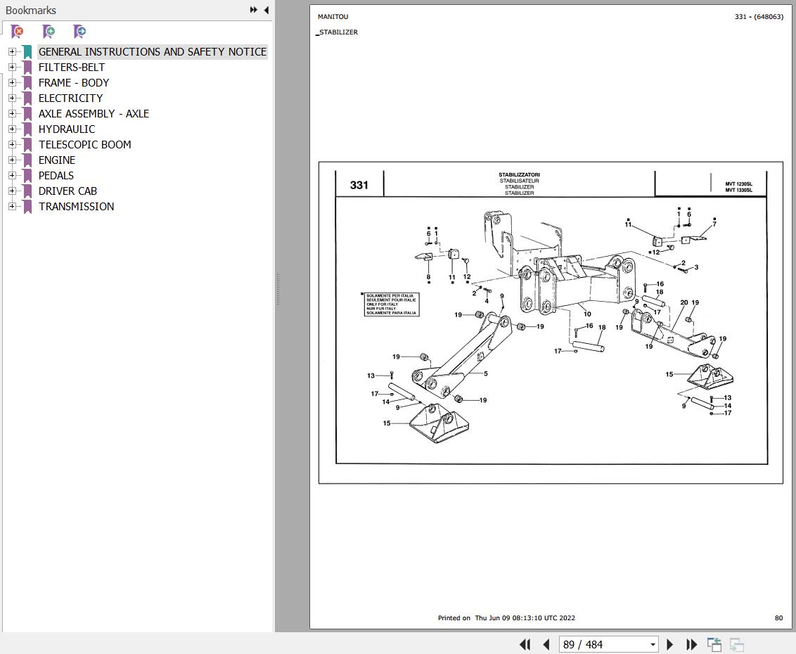 Manitou Telehandler MVT 1130 L COMFORT LINE MOT 1004 42 Parts Catalog 648063