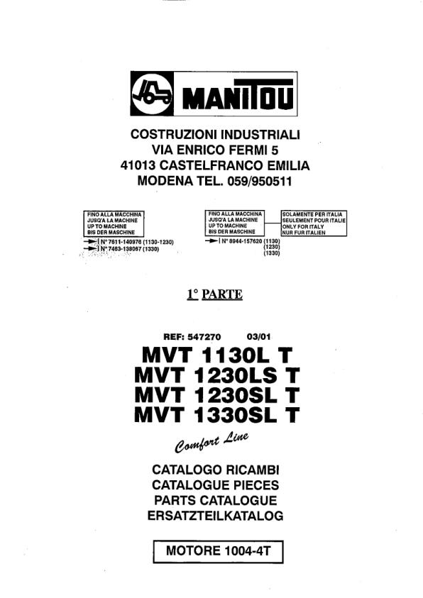 Manitou Telehandler MVT 1130L to MVT 1330SL Parts Catalog 547270
