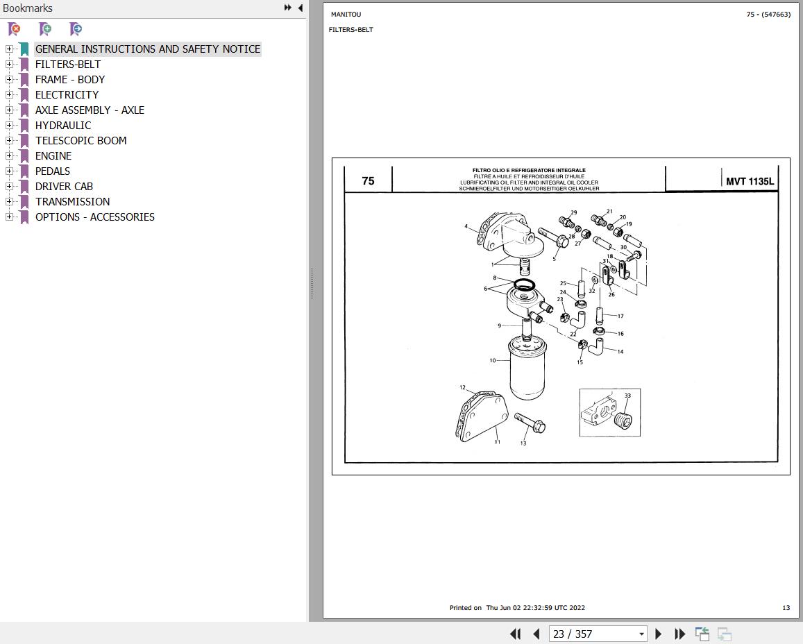 Manitou Telehandler MVT 1135 L COMFORT LINE MOT 1004 4 Parts Catalog 547663