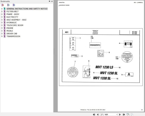 Manitou Telehandler MVT 1230 SL COMFORT LINE MOT 1004 42 Parts Catalog 648063