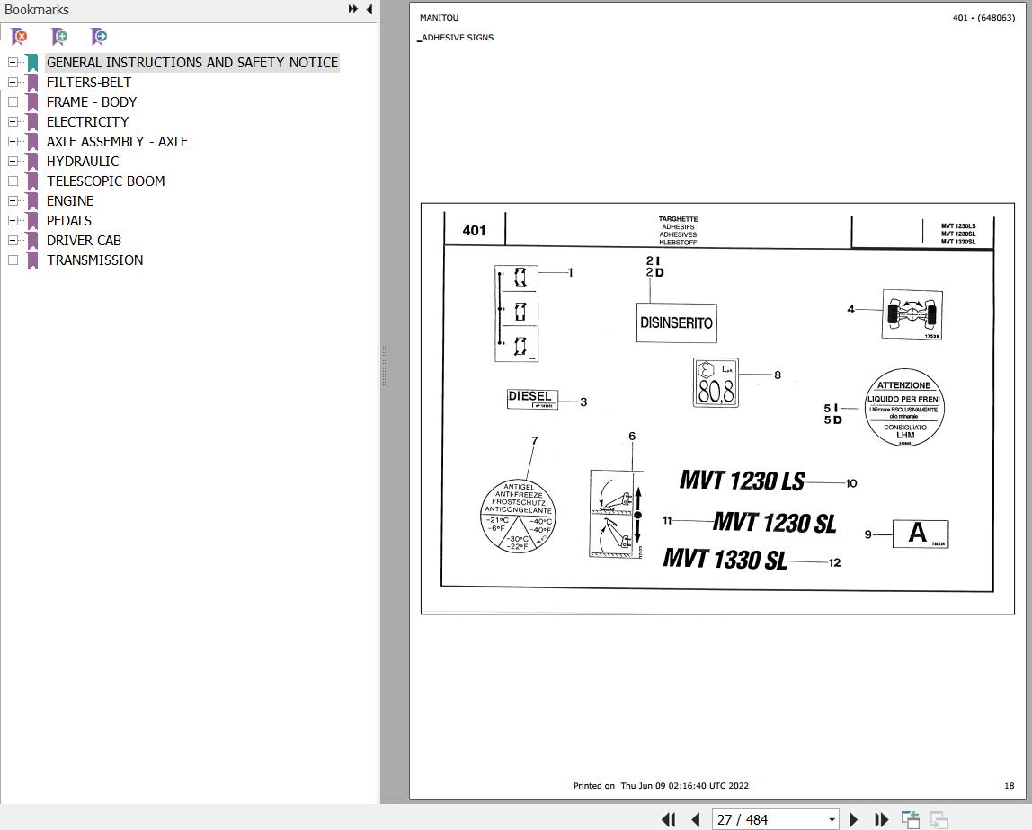 Manitou Telehandler MVT 1230 SL COMFORT LINE MOT 1004 42 Parts Catalog 648063