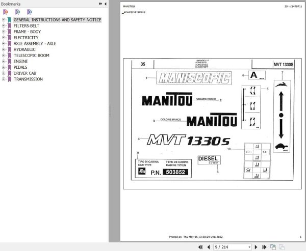 Manitou Telehandler MVT 1330 S TURBO ISRAEL MOT 1004 4T Parts Catalog 547071